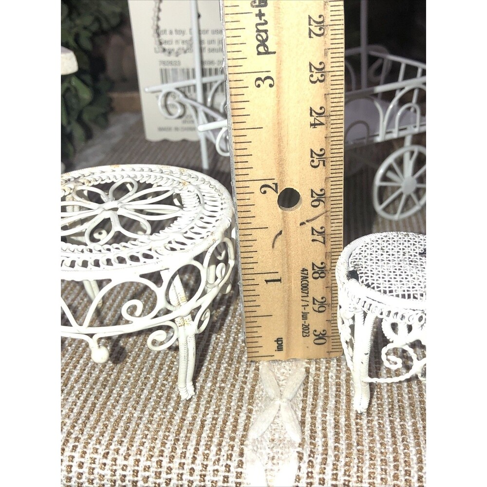 6 Pcs Miniatures White Metal Flower Cart, 2 Pedestals, Metal Chair and 2 Tables - Picture 3 of 16
